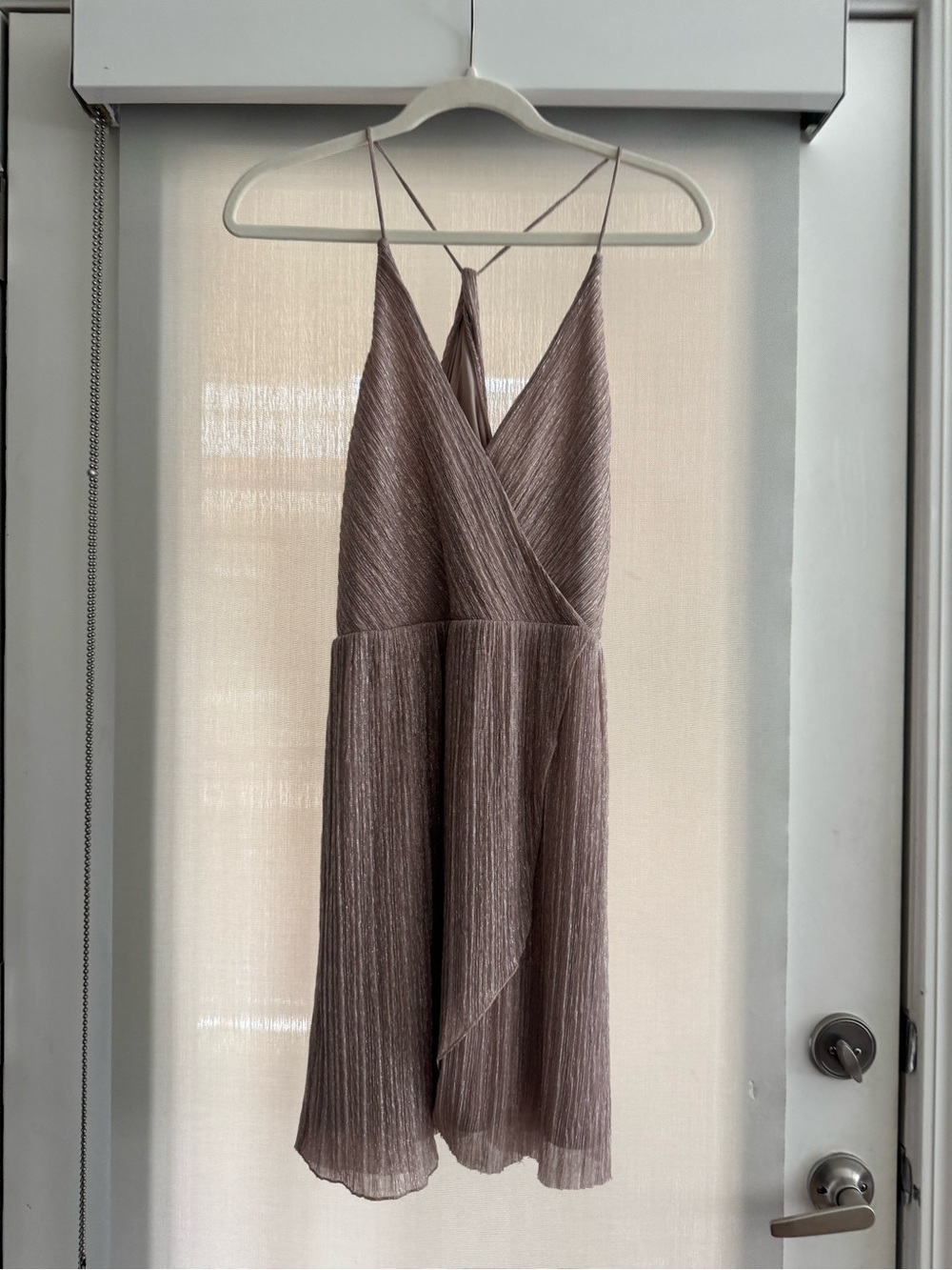 Express Pleated Taupe Midi Dress with V-Neck